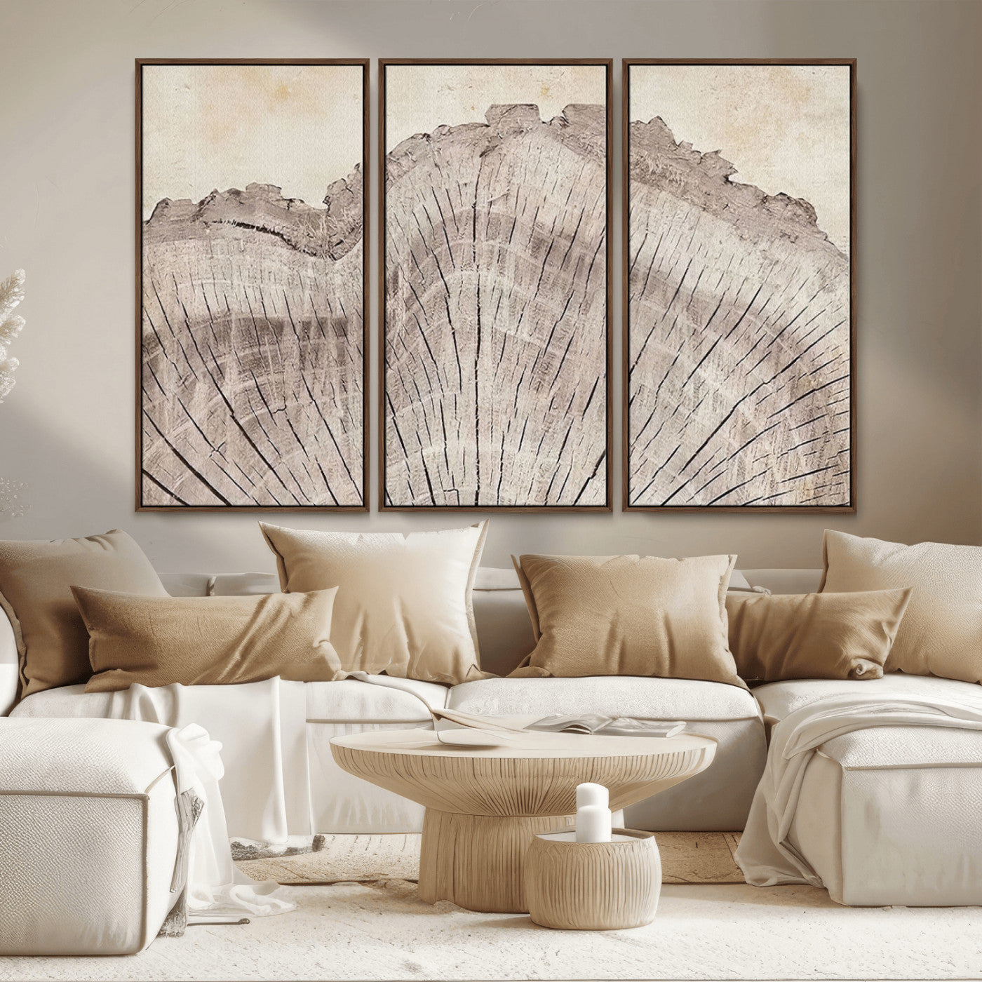 MGV-FC-48X32-3P - Tree Ring Wall Art Triptych, Rustic Wood Ring Canvas Print, Minimalist Wall Decor for Modern Homes and Farmhouse Decor