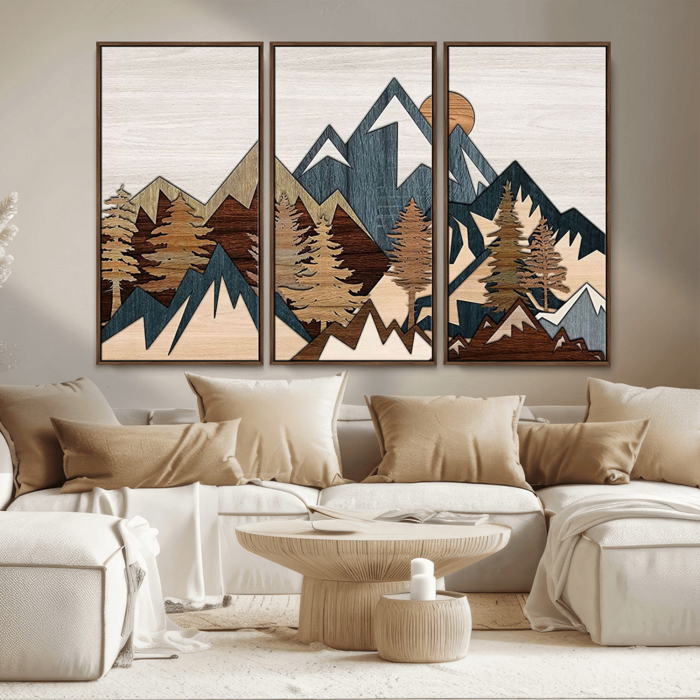 MGV-FC-48X32-3P - Woodland Mountain Landscape Triptych, Giclee Canvas Art for Modern Home, Rustic Wooden Nature Wall Art, Large Mountain and Tree Canvas for Living Room
