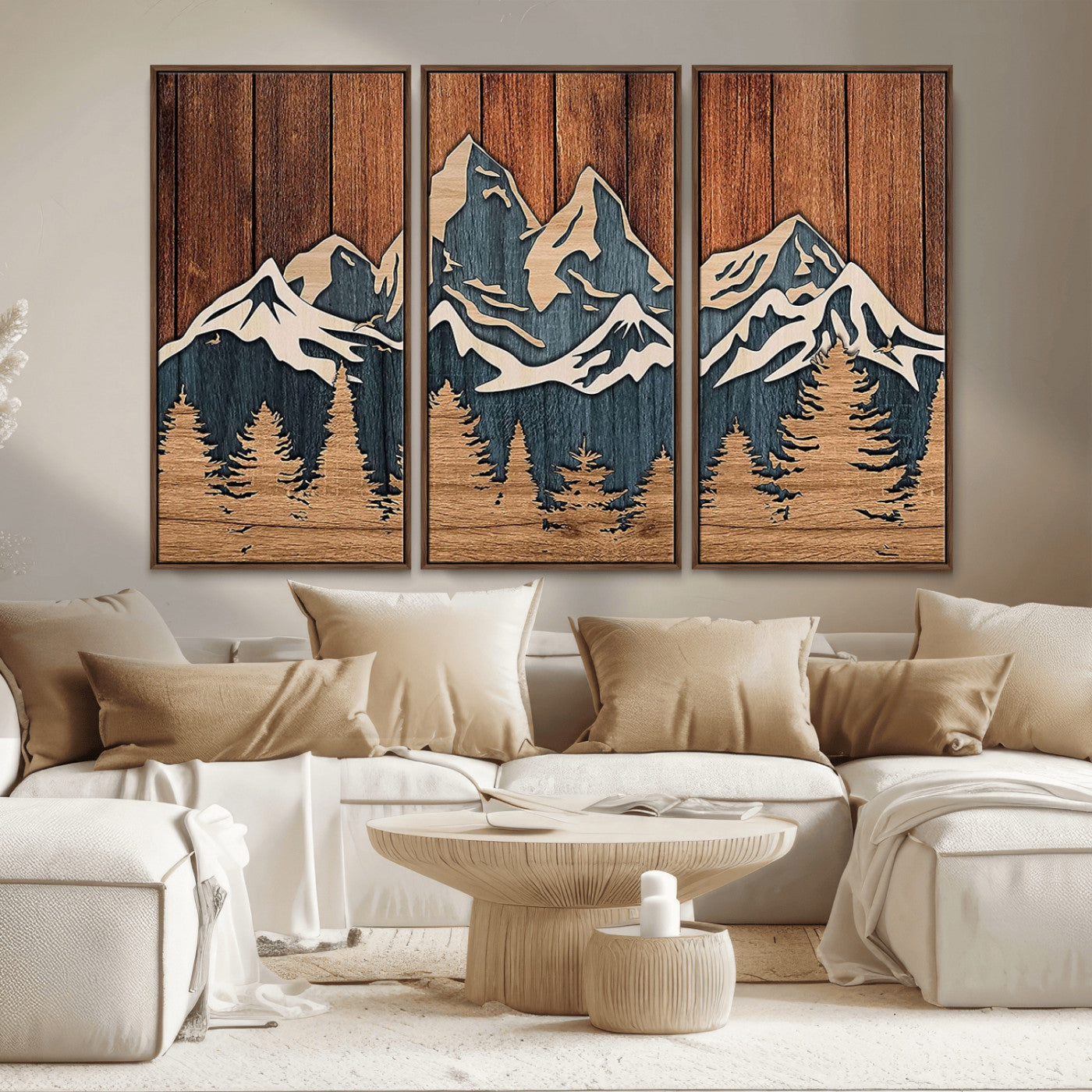 MGV-FC-48X32-3P - Rustic Wood Style Mountain Wall Art, Nature Forest Canvas Print, Wooden Textured Mountain Artwork, Handcrafted Landscape Decor for Farmhouse Decor