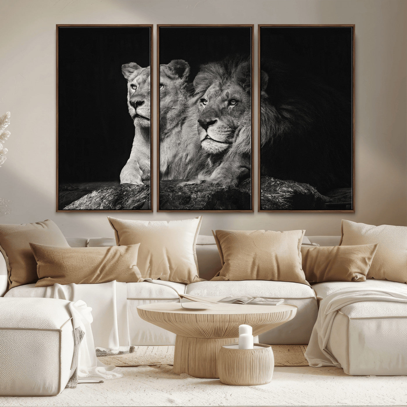 MGV-FC-48X32-3P - Lion Couple Canvas Wall Art Print – Elegant Wildlife Portrait in Black and White Lion Family – Ready to Hang