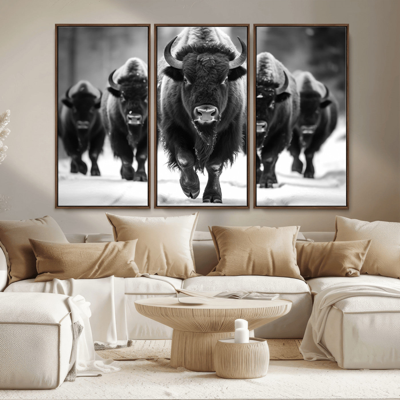 MGV-FC-48X32-3P - American Bison Art | Buffalo Herd Wall Art Canvas Print, BW American Bison Herd Wall Art Canvas Print