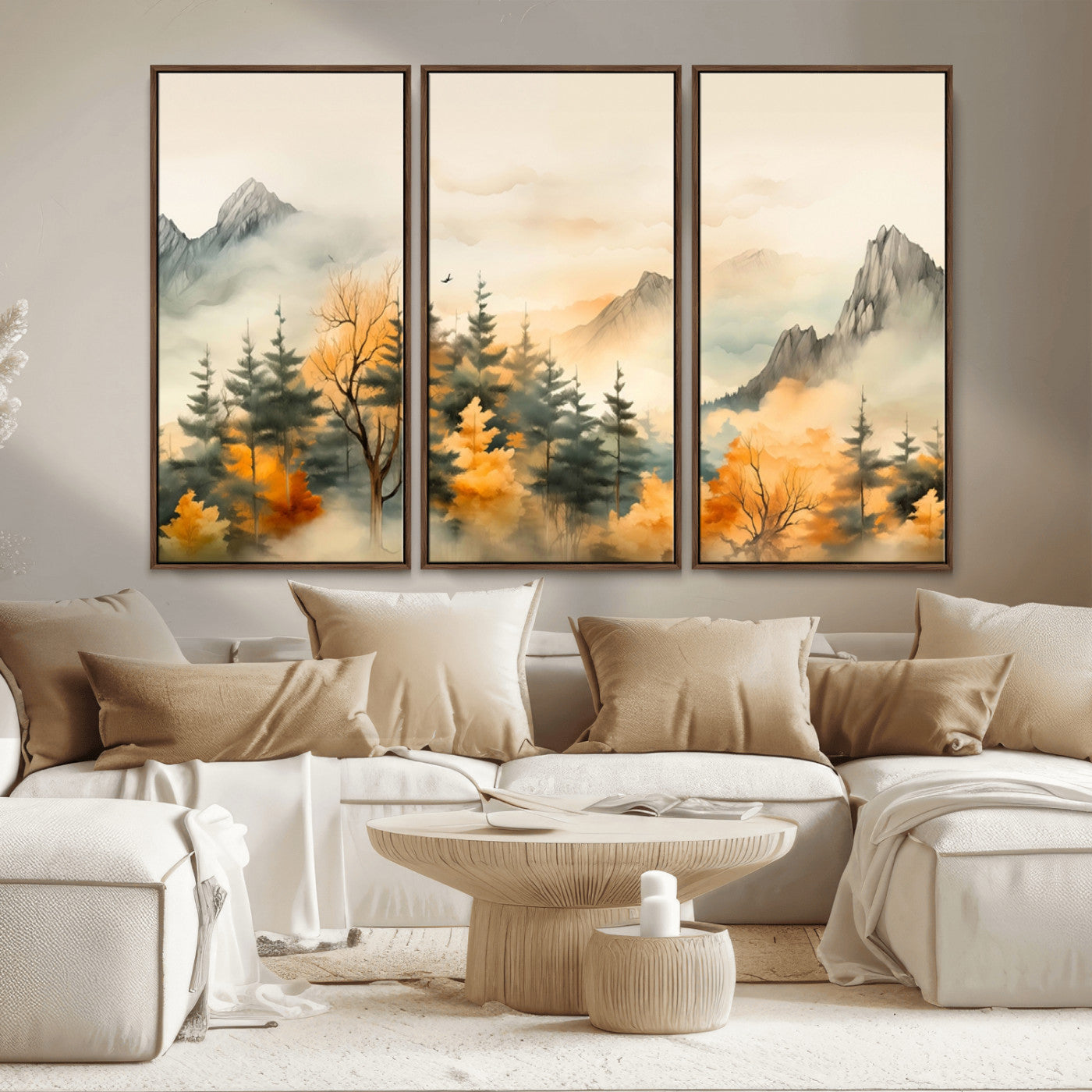 MGV-FC-48X32-3P - Abstract Watercolor Mountains and Trees Autumn Art, Watercolor Mountains and Trees Canvas Print