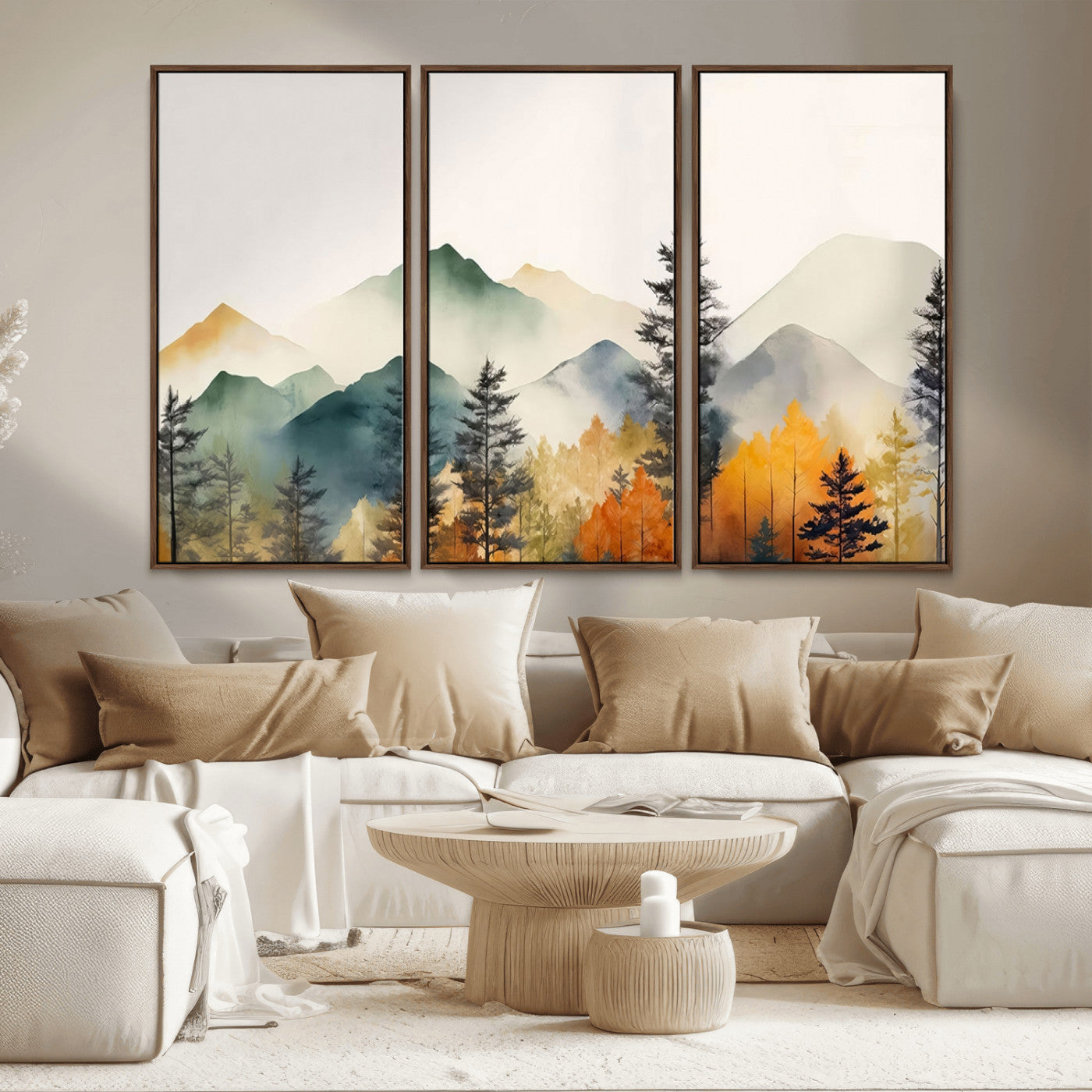 MGV-FC-48X32-3P - Abstract Watercolor Mountains and Trees Autumn Wall Art, Mountains and Trees Autumn Wall Art Canvas