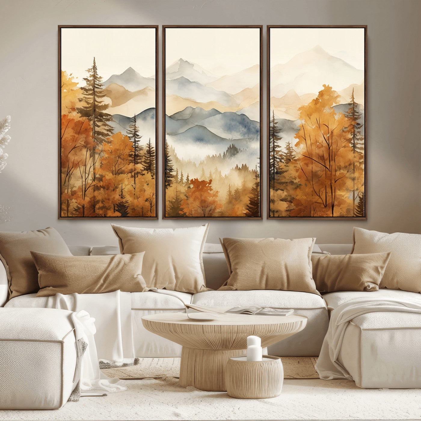 MGV-FC-48X32-3P - Golden Autumn Forest Wall Art | Mountain Landscape Canvas Print for Living Room or Bedroom | Large Wall Decor with Nature-Inspired Design