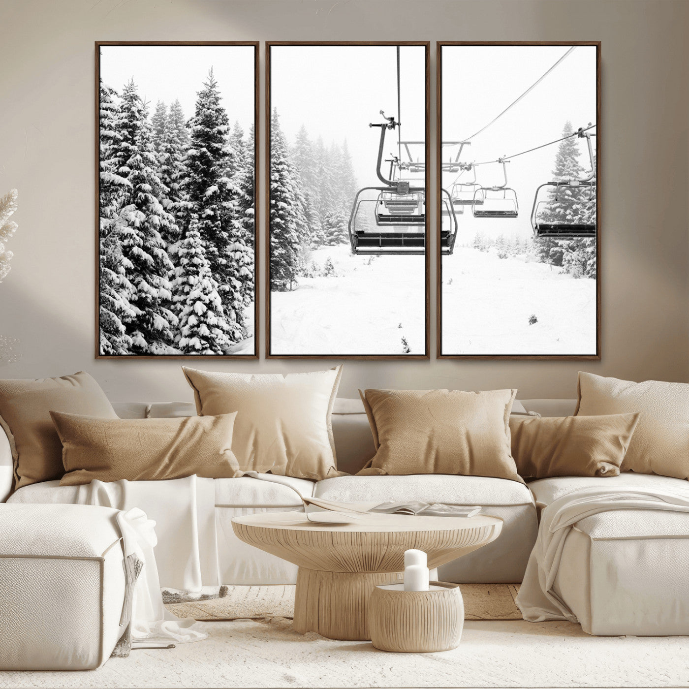 MGV-FC-48X32-3P - Ski Wall Art - Ski Lift Wall Art Canvas Print Snow Covered Spruce Trees Winter Wall Art Ski Skier