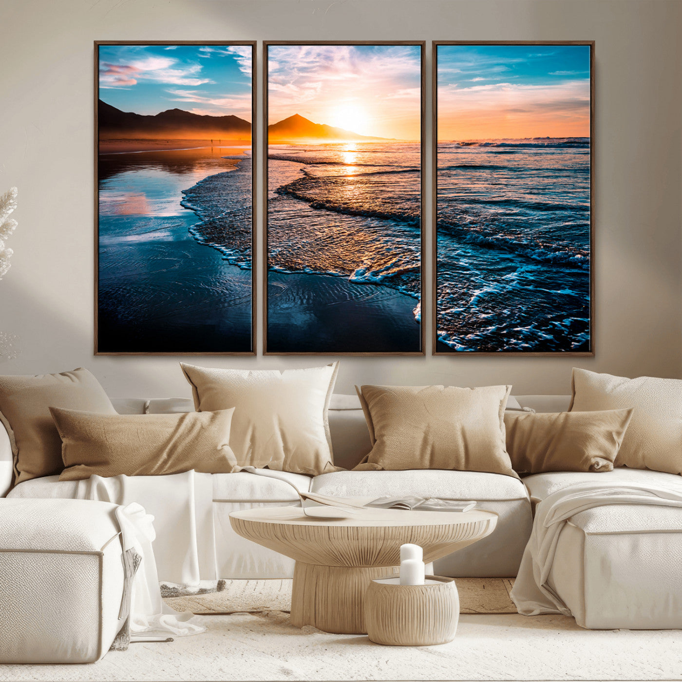MGV-FC-48X32-3P - Sunset Beach Ocean Canvas Wall Art – Tranquil Ocean Reflections at Dusk – Ready to Hang