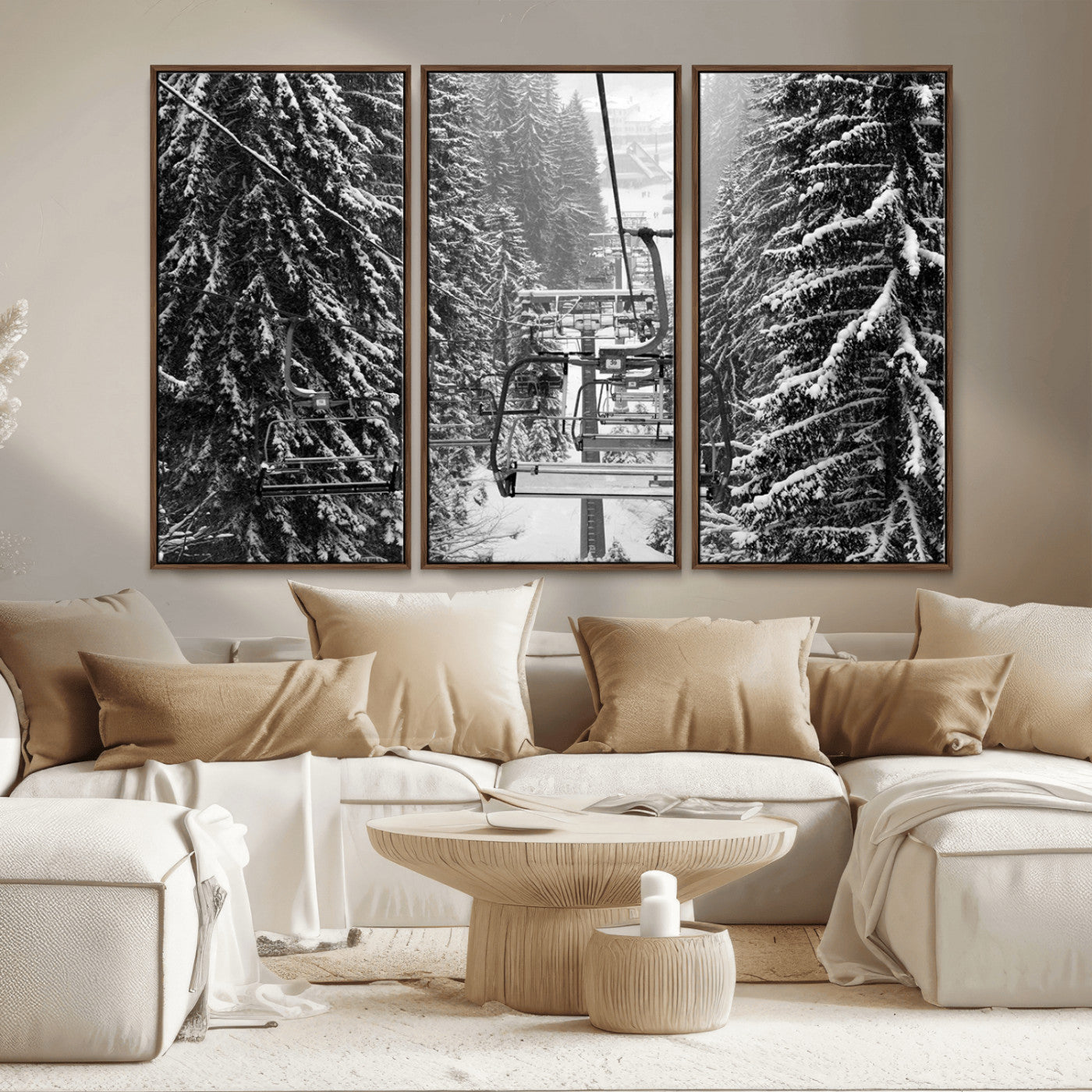 MGV-FC-48X32-3P - Winter Ski Lift Black and White Canvas Wall Art – Alpine Escape in Minimalist Style – Ready to Hang