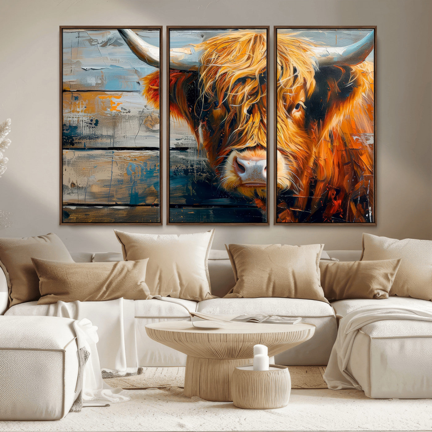 92312-MGV-FC-48X32-3P_Walnut-Highland Cow Abstract Canvas Wall Art – Bold Farmhouse Rustic Decor – Ready to Hang