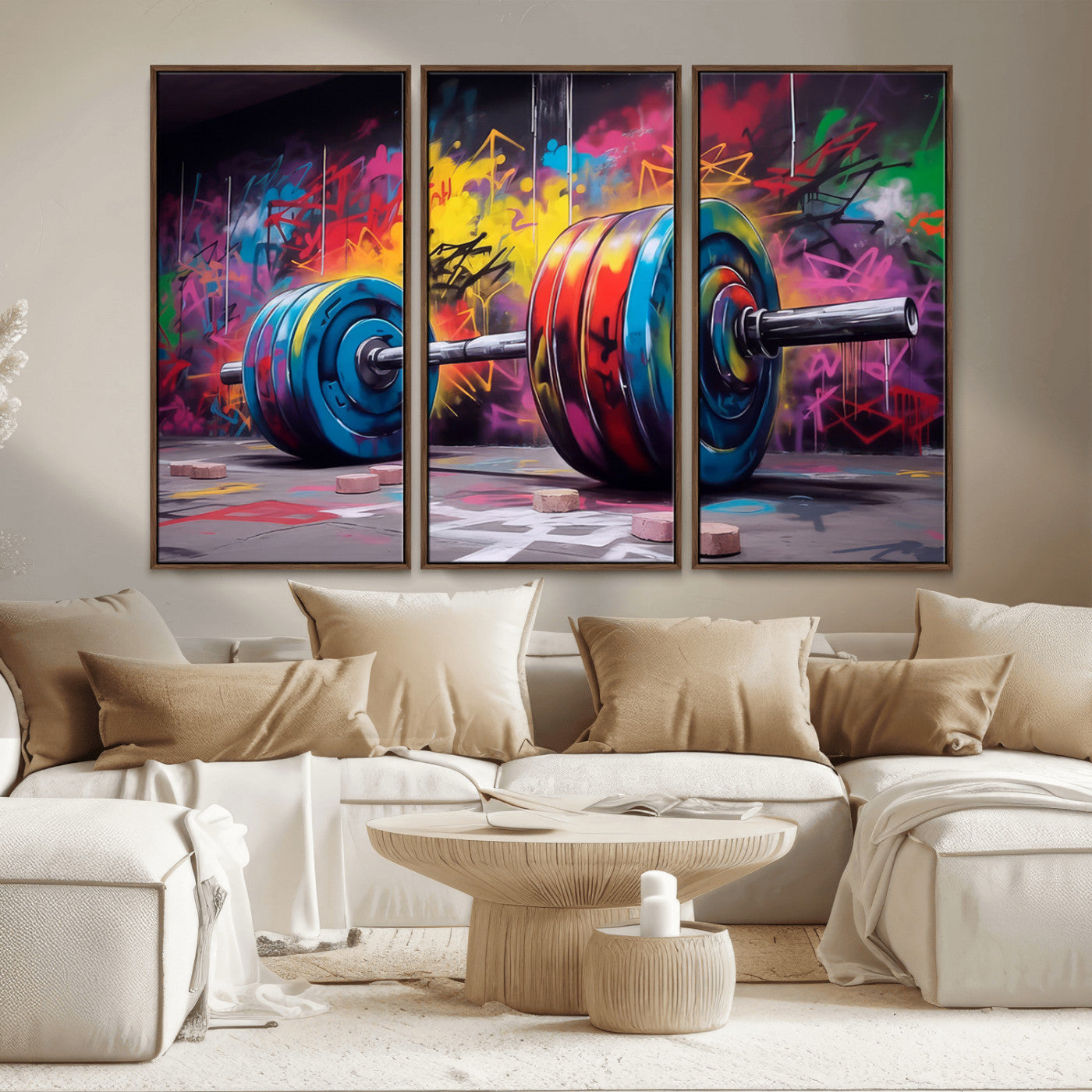 MGV-FC-48X32-3P - Abstract Graffiti Barbell Canvas Wall Art – Urban Fitness Meets Bold Street Art Print - Gym Wall Art Print