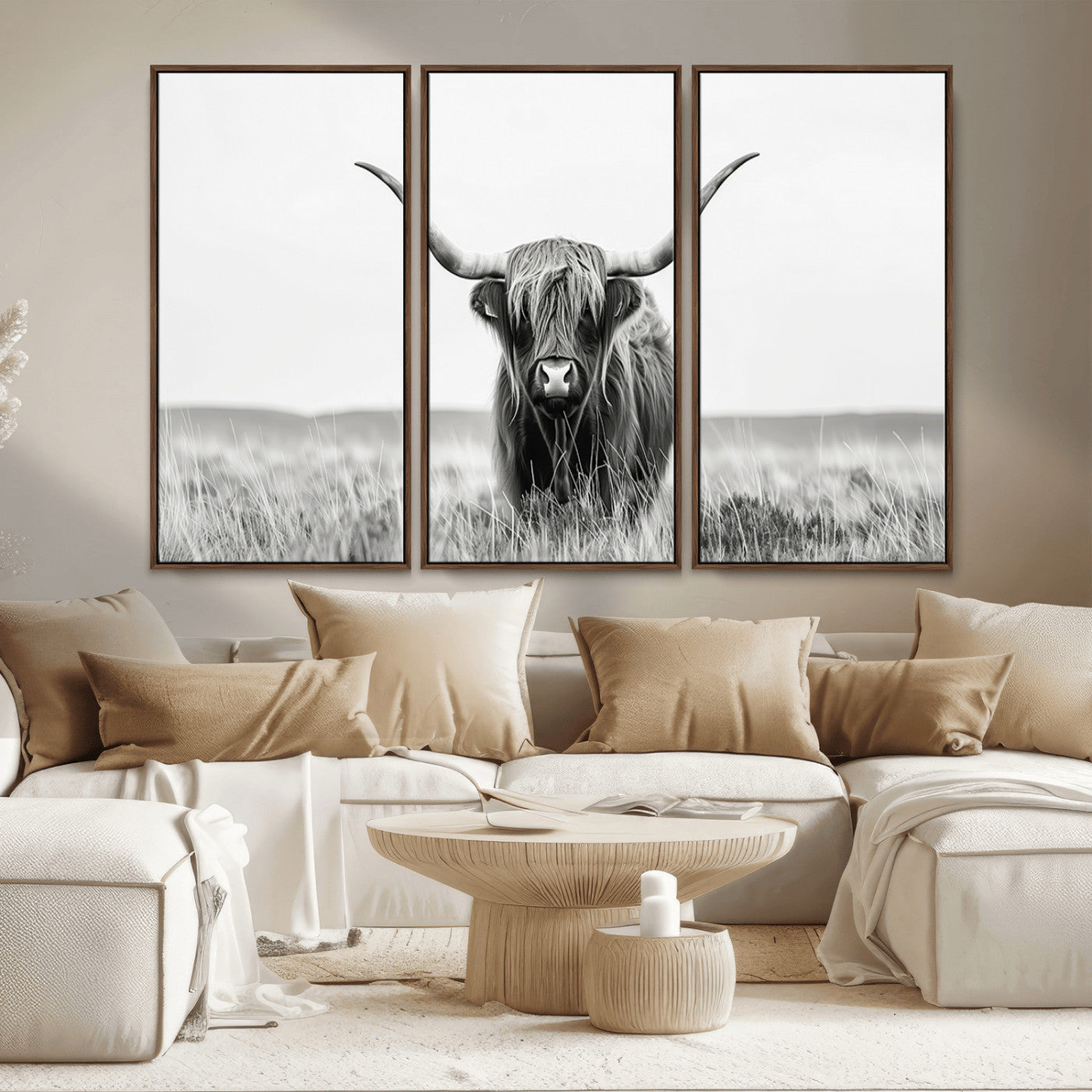 MGV-FC-48X32-3P - Highland Cow Canvas Wall Art – Majestic Beauty in Black and White
