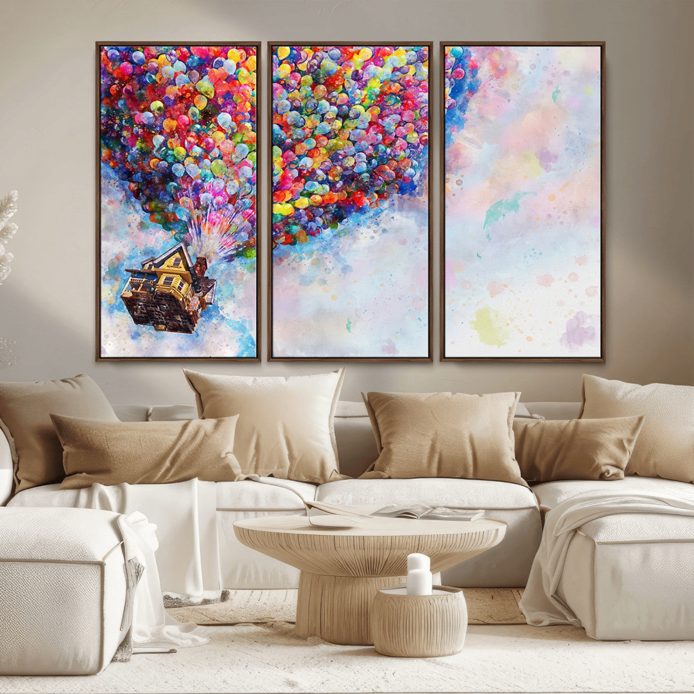 MGV-FC-48X32-3P - Don't Look Up Movie Canvas Wall Art - Vibrant Floating House and Balloons Scene, Tribute to Iconic