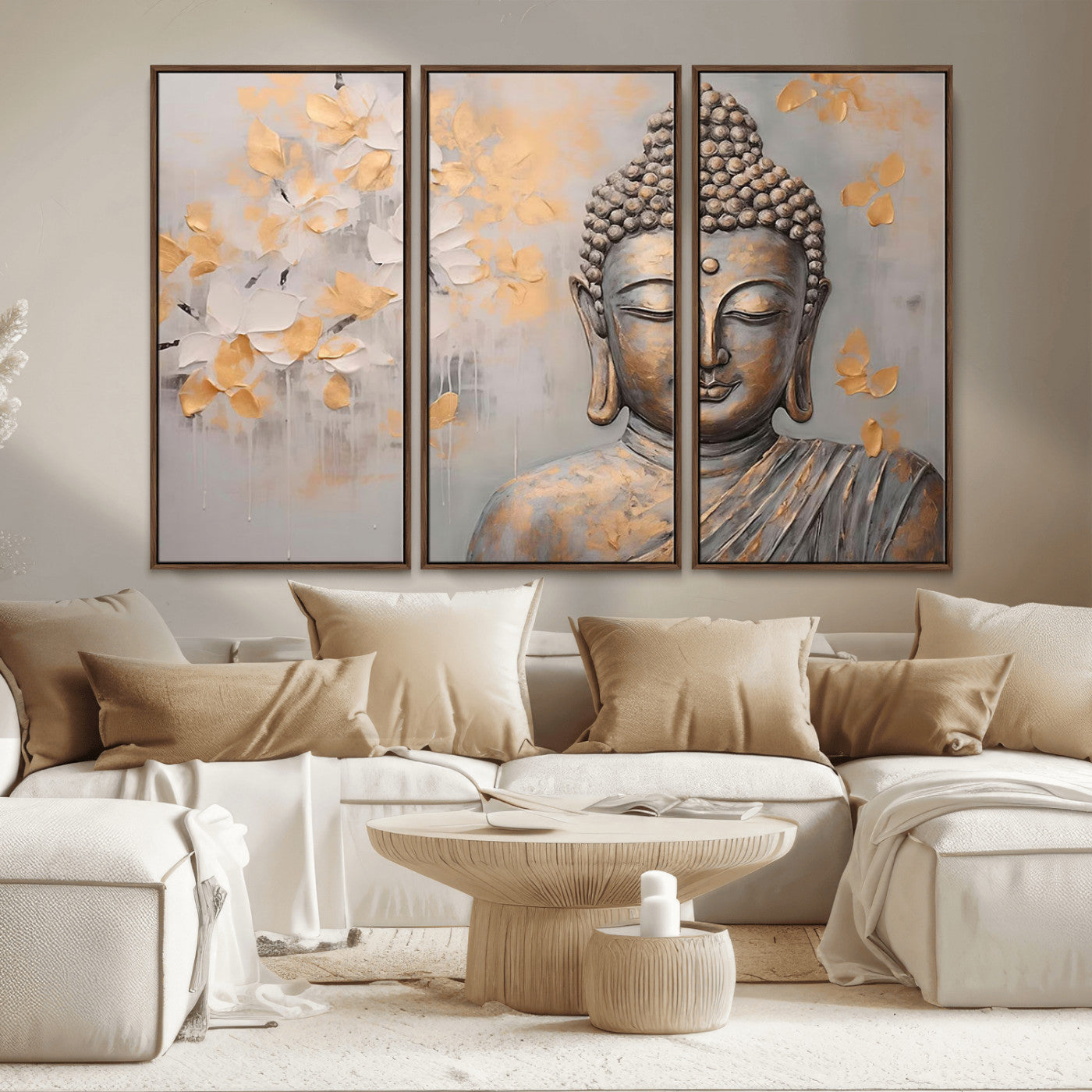 MGV-FC-48X32-3P - Abstract Buddha Statue Wall Art Canvas Print - Modern Meditation Decor for Living Room, Office, Yoga Studio Decor