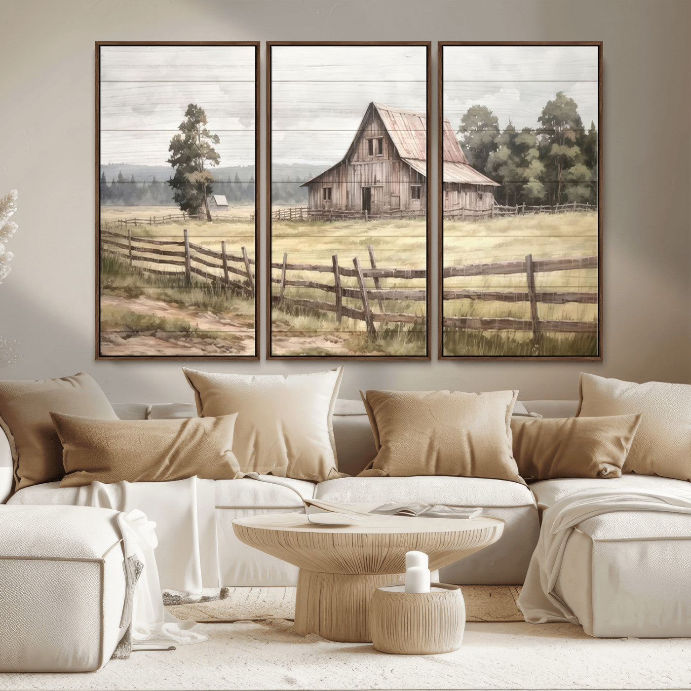 MGV-FC-48X32-3P - Rustic Farmhouse Barn Wall Art | 3-Panel Framed Gallery Wrap Giclee Canvas Print for Living Room, Farmhouse, or Office | Country Landscape Wall Art