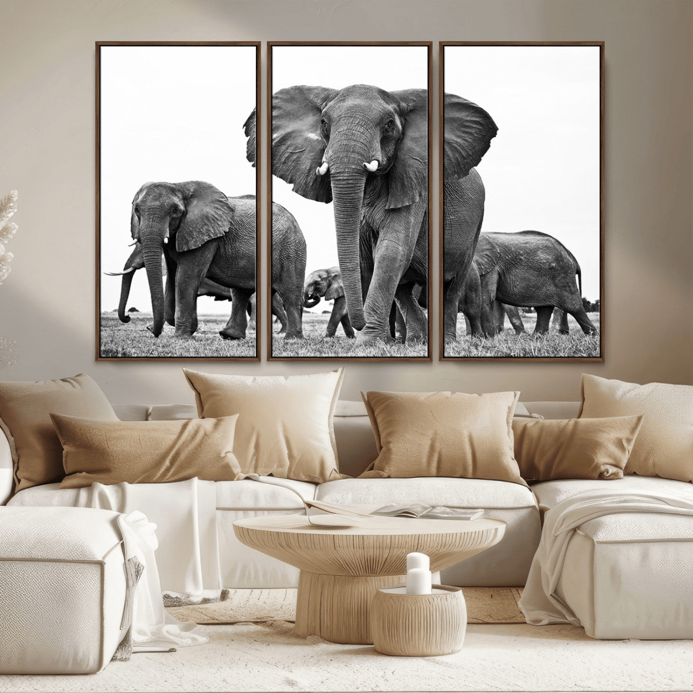 MGV-FC-48X32-3P - Black White Elephant Family Wall Art Canvas Print
