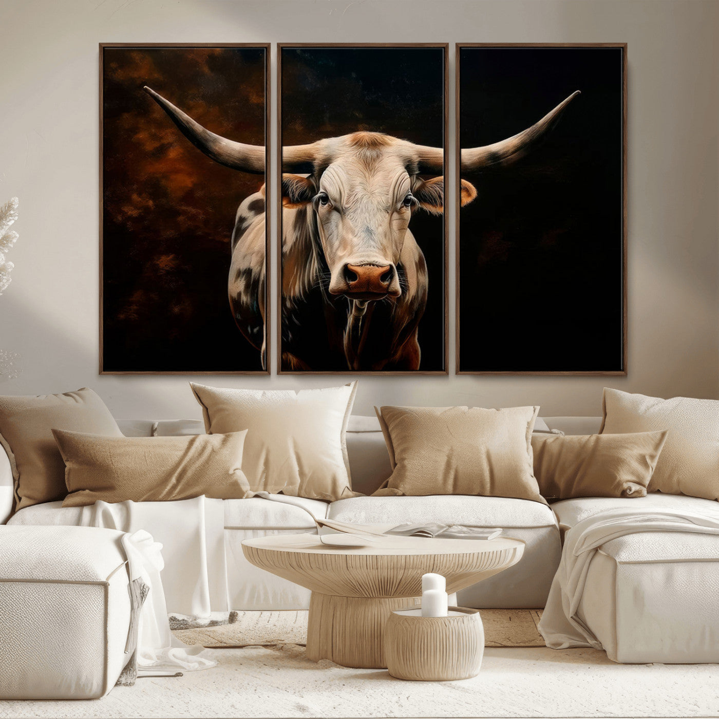 MGV-FC-48X32-3P - Texas Longhorn Wall Art | 3-Panel Large Texas Longhorn Canvas Print for Living Room, Office, or Farmhouse Decor | Framed Giclee Longhorn Wall Art