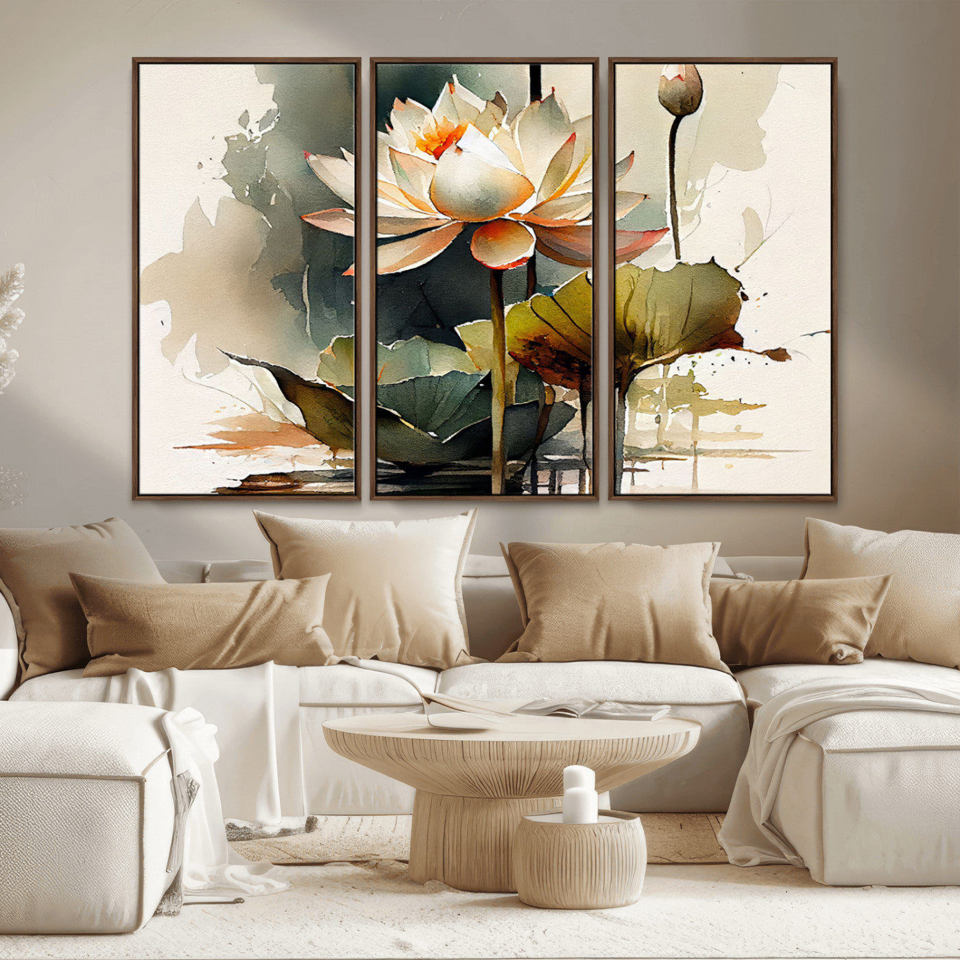 MGV-FC-48X32-3P - Lotus Flower Watercolor Canvas Print – A Symbol of Serenity and Growth, Captured in Soft Watercolors – Contemporary Wall Art for Tranquil Spaces