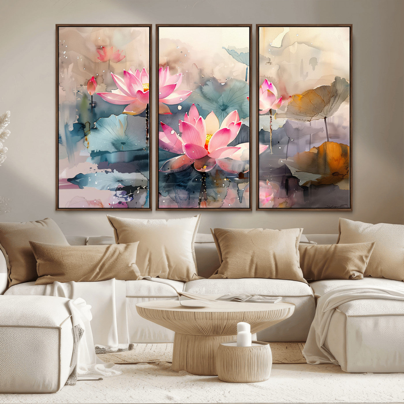 MGV-FC-48X32-3P - Lotus Flower Wall Art | 3-Panel Giclee Canvas Print of Pink Lotus Blossoms for Living Room, Bedroom, Office | Framed Lotus Floral Wall Art Decor Print