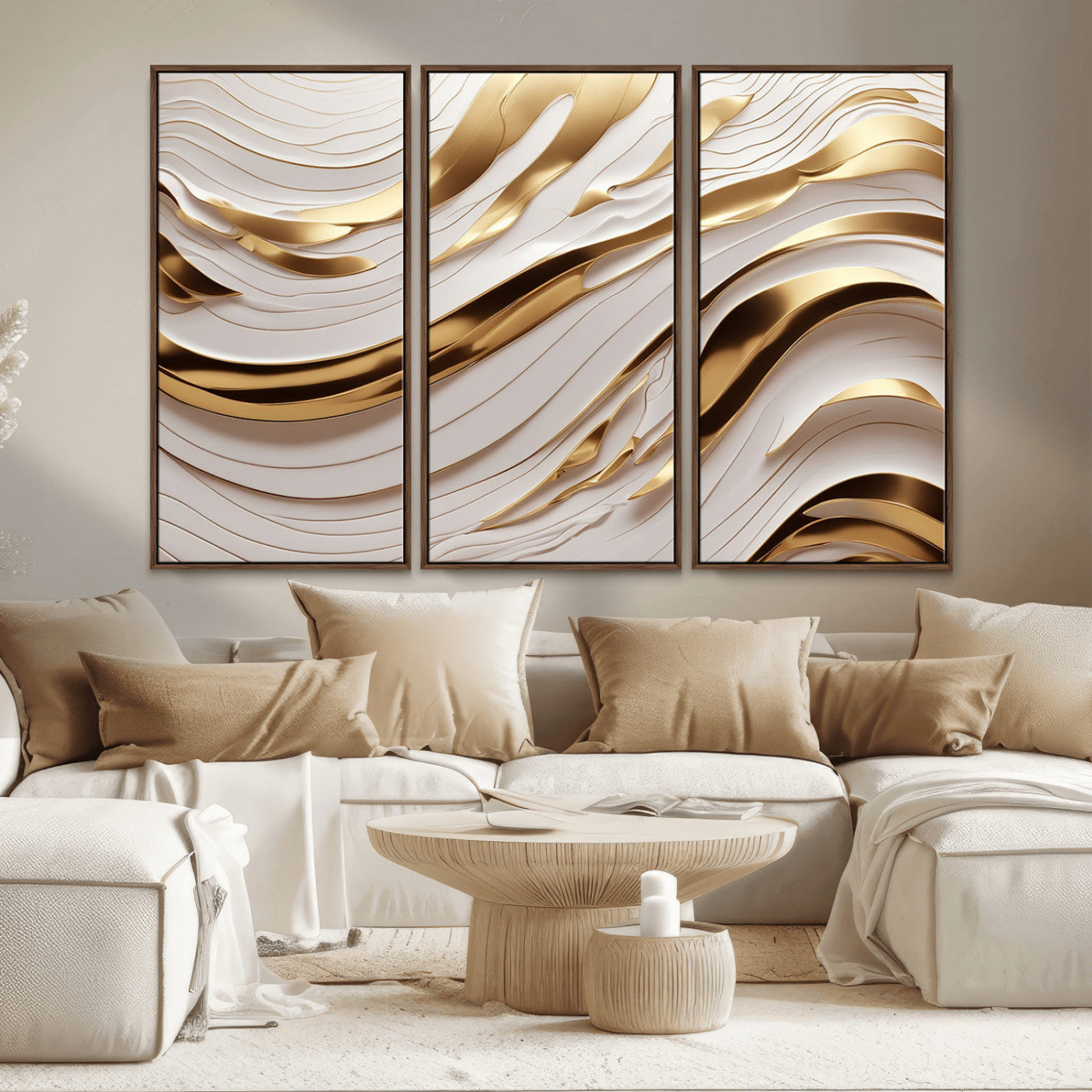 -Gold and White Abstract Wave Canvas – Elegant Flowing Design with Luxurious Golden Accents –