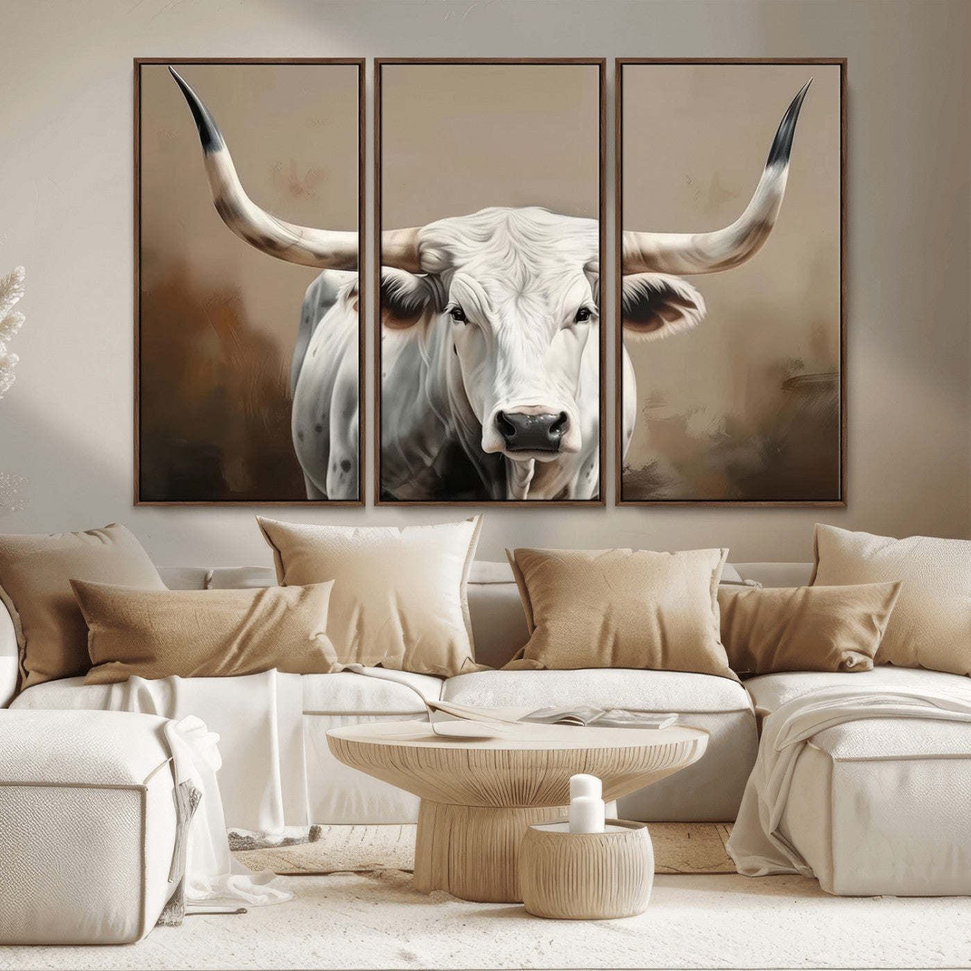 -White Longhorn Bull Wall Art Canvas Print – Framed and Ready to Hang – Perfect for Farmhouse and
