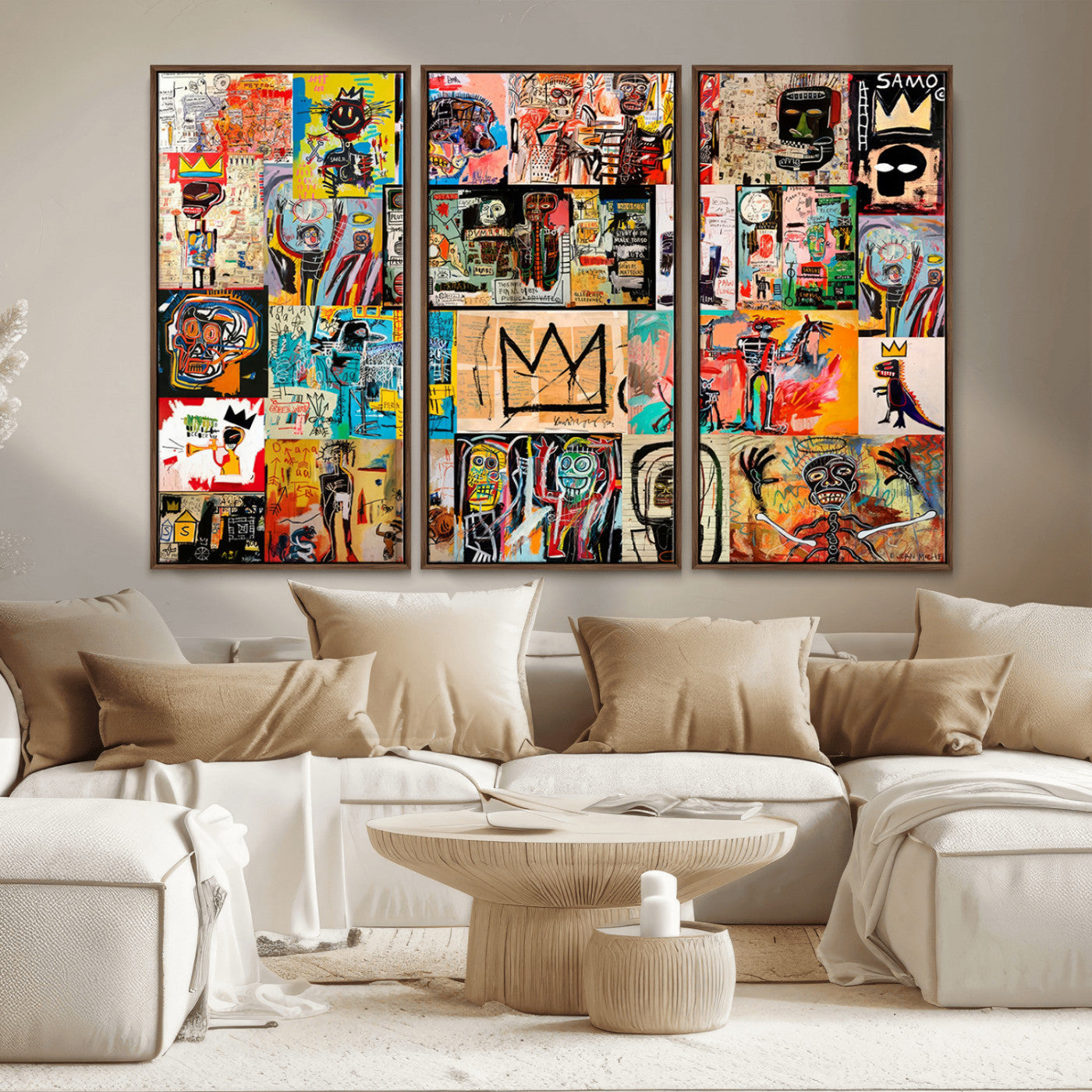 MGV-FC-48X32-3P - Basquiat Art Collage Wall Art Canvas Print – Framed, Ready to Hang, Urban Graffiti Style