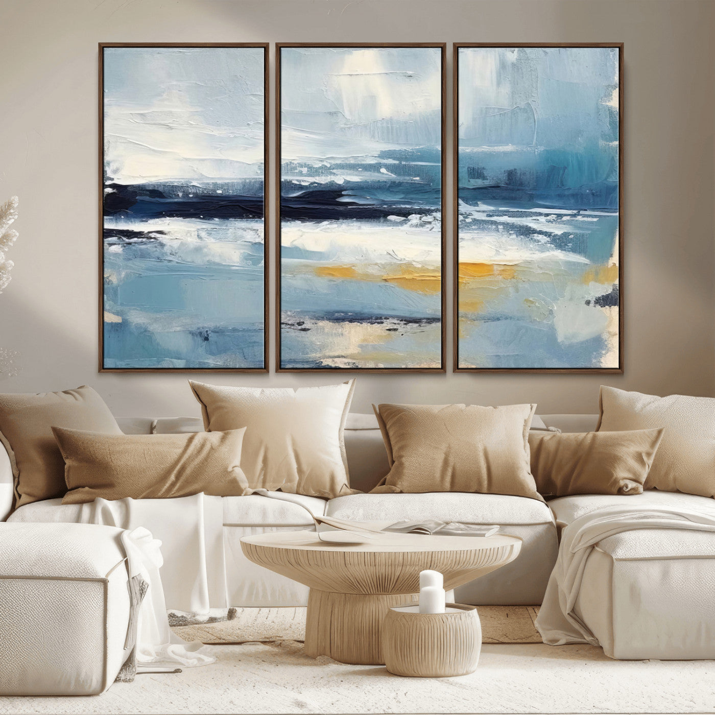 MGV-FC-48X32-3P - Abstract Ocean Canvas Wall Art - Coastal Blue and Gold Textured Painting, Modern Seascape Decor for Living Room Decor