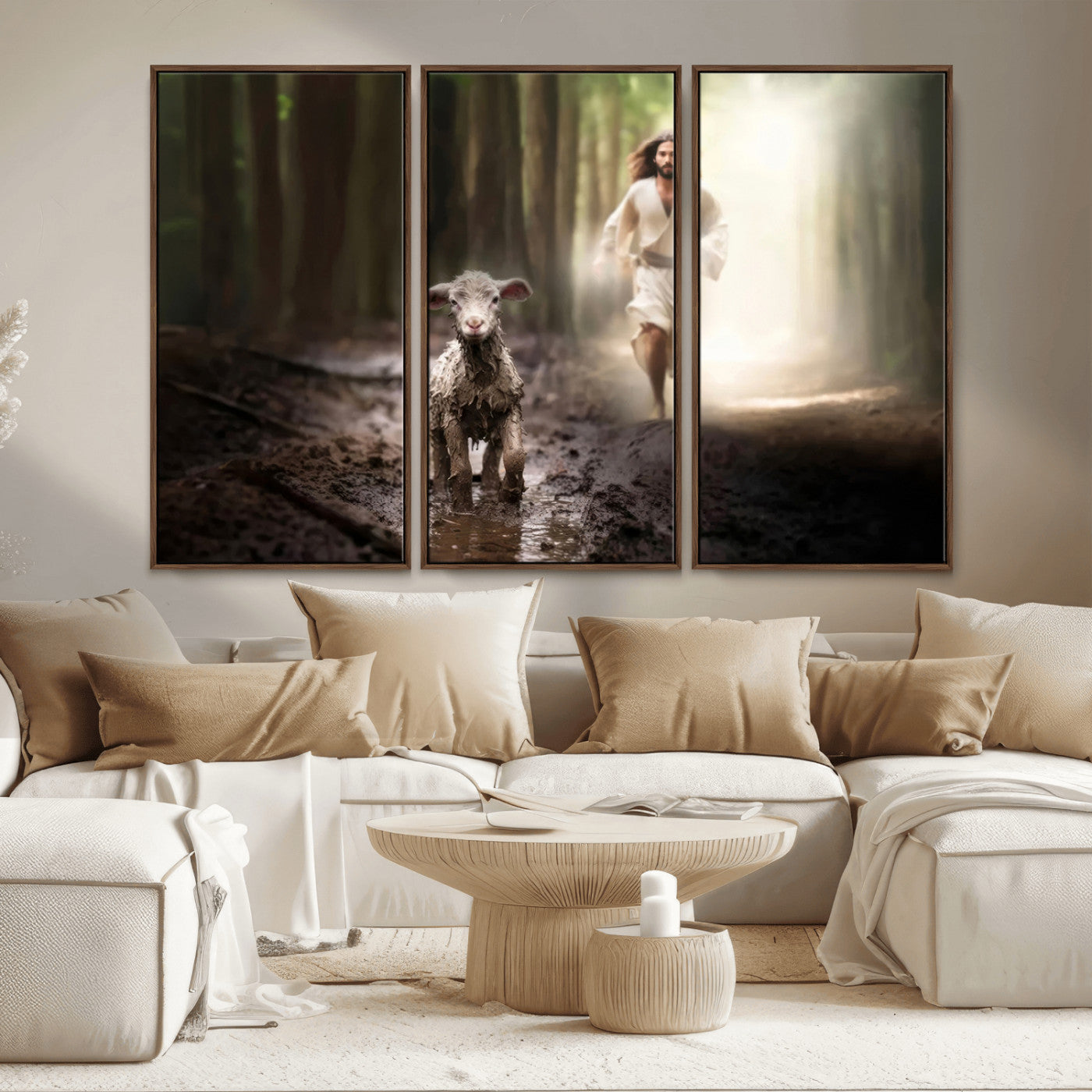 MGV-FC-48X32-3P - Jesus Canvas Wall Art - Jesus Running After Lost Lamb, Jesus, Christian Home Decor - Church Wall Art