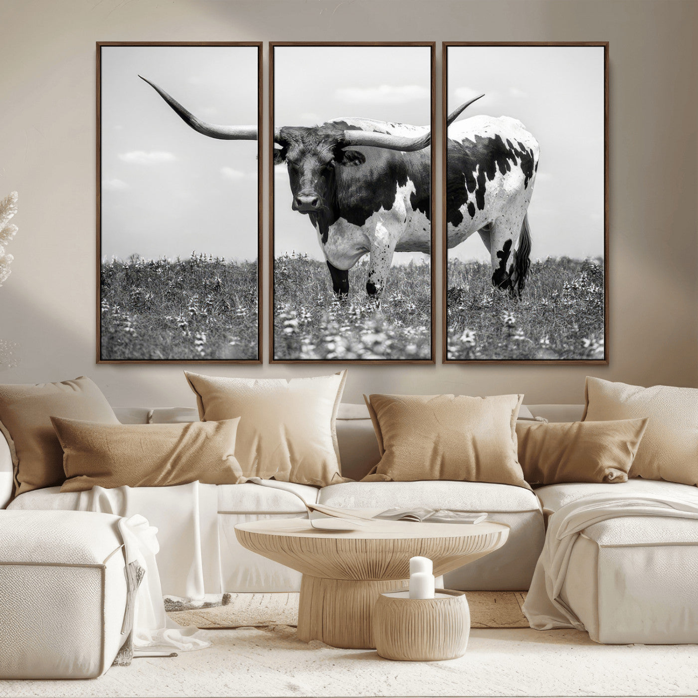 -Texas Black White Highland Longhorn Cow Wall Art Canvas Print