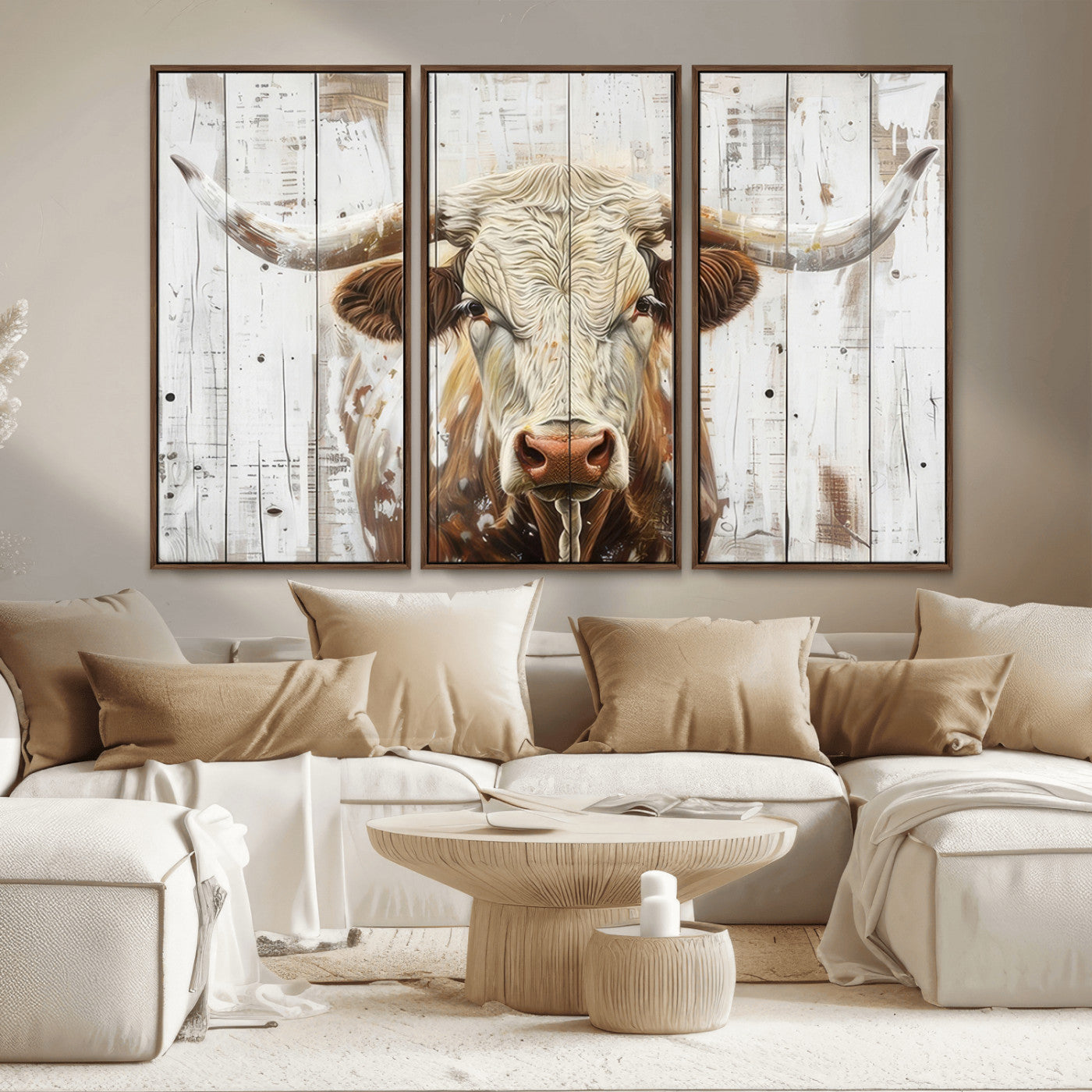 -Rustic Longhorn Bull Wall Art Canvas Set – Western-Inspired Farmhouse Décor - Ready to Hang