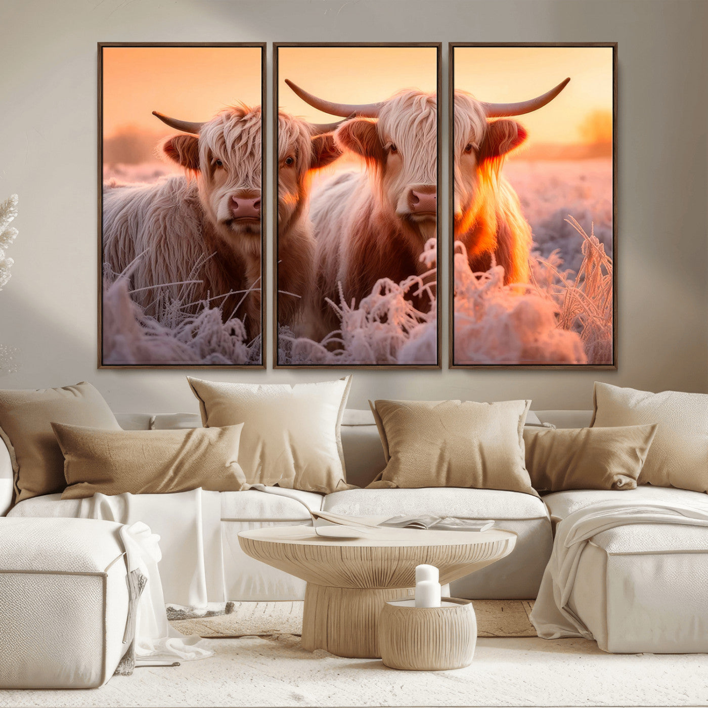 68253-MGV-FC-48X32-3P_Walnut-Highland Cows at Sunrise Wall Art Canvas Set – Serene and Rustic Farmhouse Decor
