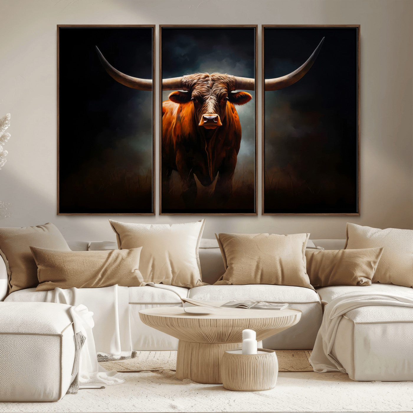 MGV-FC-48X32-3P - Abstract Texas Longhorn Wall Art Print | 3-Panel Large Texas Longhorn Canvas Print for Living Room, Office  Farmhouse Decor | Framed Longhorn Wall Art