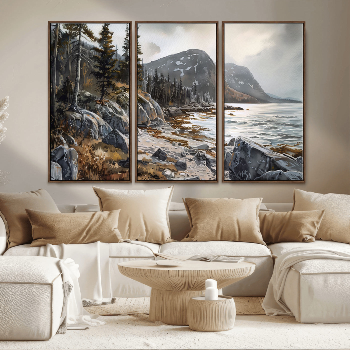 -Serene Coastal View of Acadia National Park - Stunning 3-Panel Wall Art Canvas Print, Framed, Ready