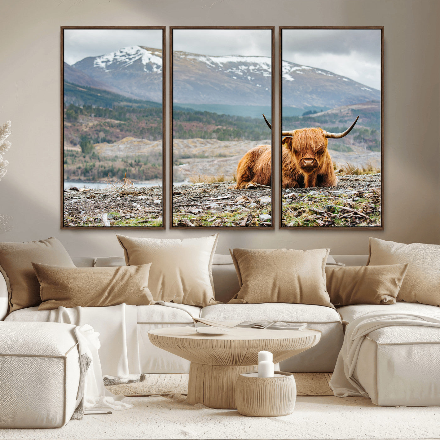 80252-MGV-FC-48X32-3P_Walnut-Highland Cow Horn Farm Wall Art Canvas Print