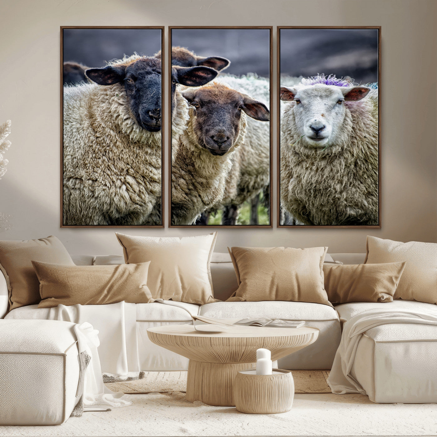 -Charming Sheep Portrait Wall Art – Trio of Woolly Companions Canvas Print, Framed, Ready to Hang