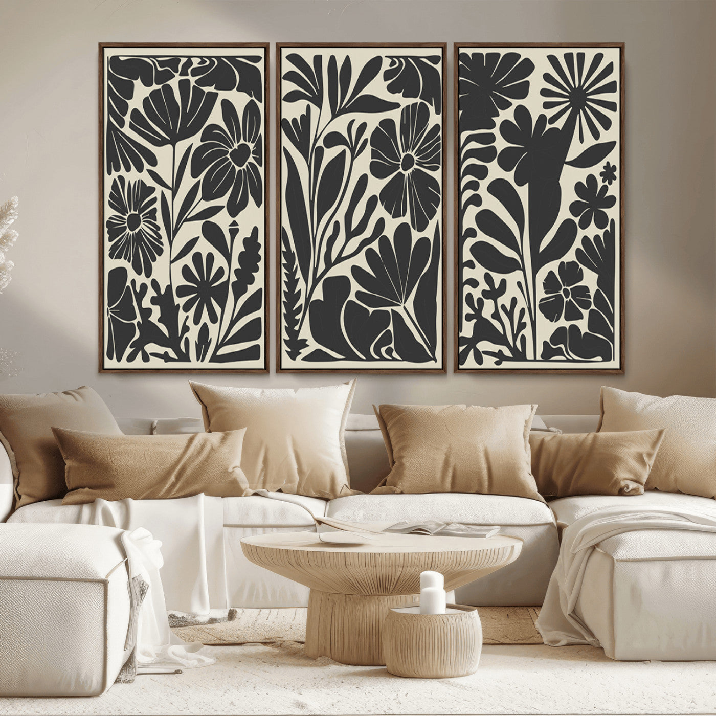MGV-FC-48X32-3P - Modern Botanical Wall Art - Floral Black and White Canvas Print, Framed, Ready to Hang