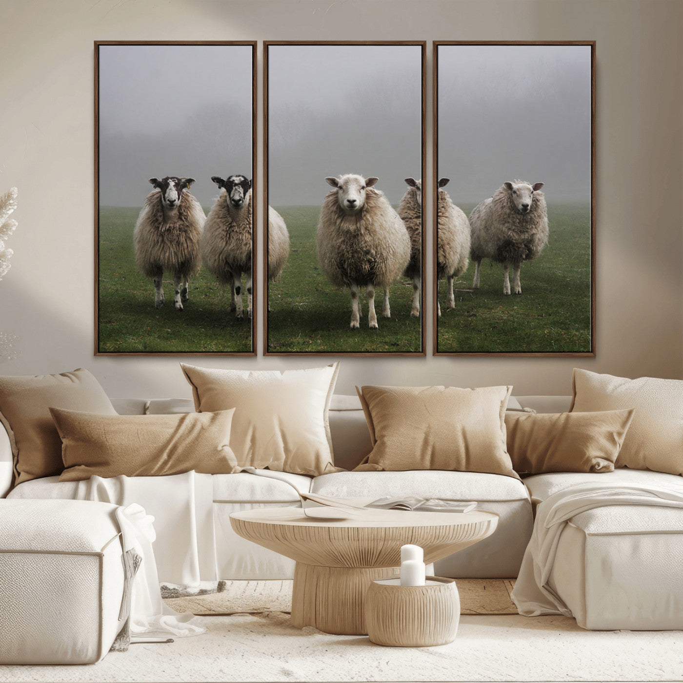 -Flock of Sheep in a Mystical Fog – Pastoral Wall Art Canvas Print, Framed, Ready to Hang