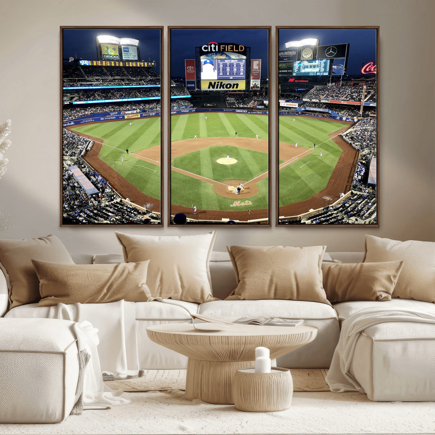 MGV-FC-48X32-3P - Citi Field Wall Art Print | 3-Panel New York Mets Baseball Stadium Canvas Print | Framed Sports Decor for Living Room, Man Cave, or Office Decor
