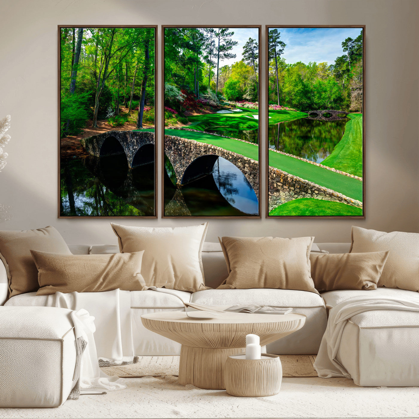 MGV-FC-48X32-3P - Augusta National Golf Club Wall Art - Panoramic Bridge & Lush Greenery – Premium Framed, Ready-to-Hang Triptych Canvas