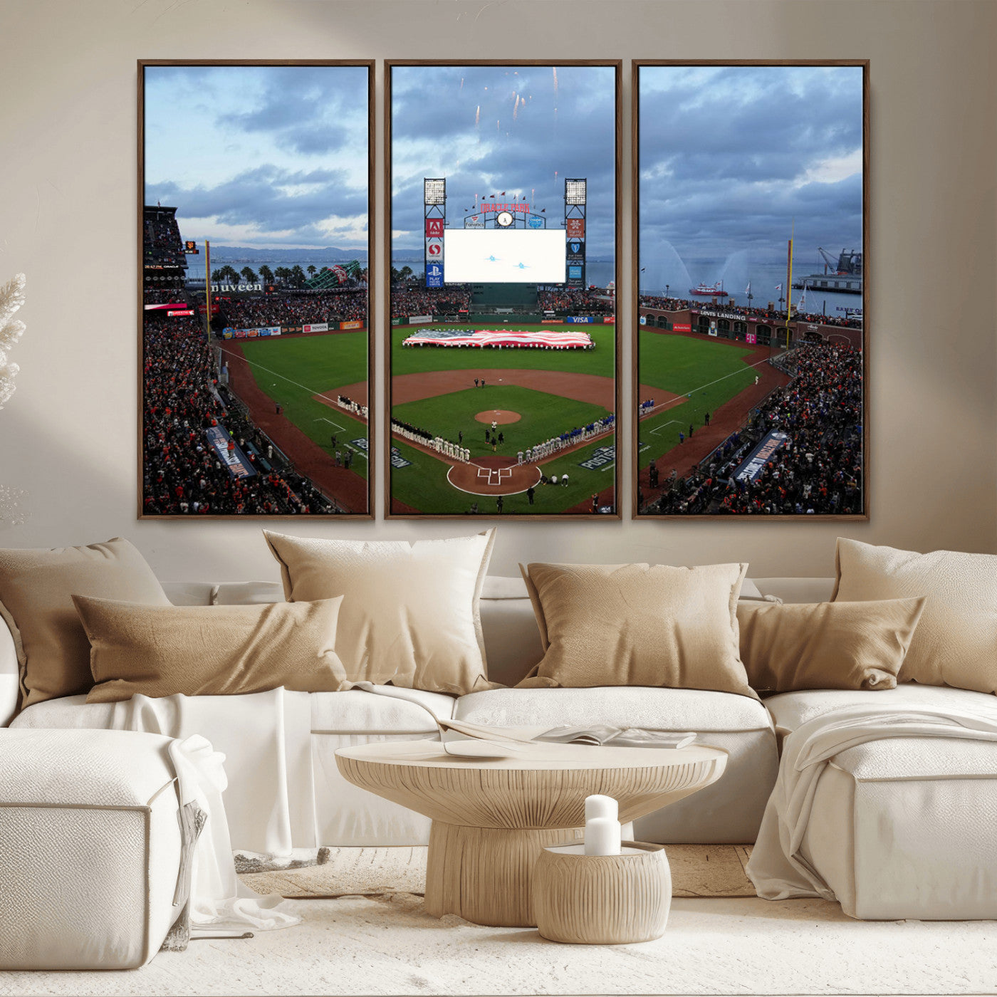 MGV-FC-48X32-3P - Oracle Park San Francisco Giants Wall Art | 3-Panel Canvas Print of Oracle Park Stadium | Large Framed Baseball Wall Decor | Ready-to-Hang MLB Canvas Print
