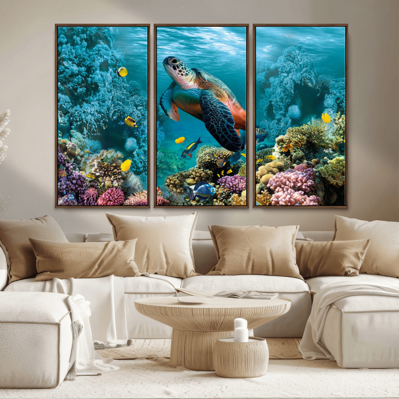 MGV-FC-48X32-3P - Sea Turtle and Coral Reef Triptych Wall Art – Vibrant Underwater Scene Canvas Set for Ocean Lovers and Coastal Decor – Ready to Hang 3-Panel Artwork