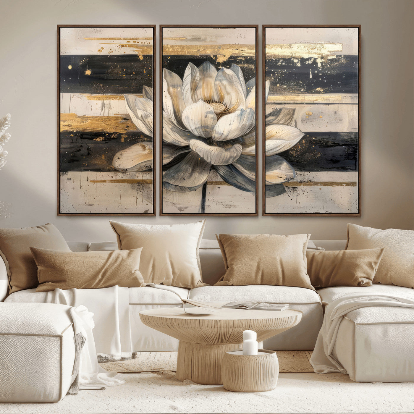 MGV-FC-48X32-3P - Lotus Flower Wall Art Canvas Print, Framed Abstract Lotus Art Picture Print, White Lotus Flower Perfect Abstract Floral Decor Artwork
