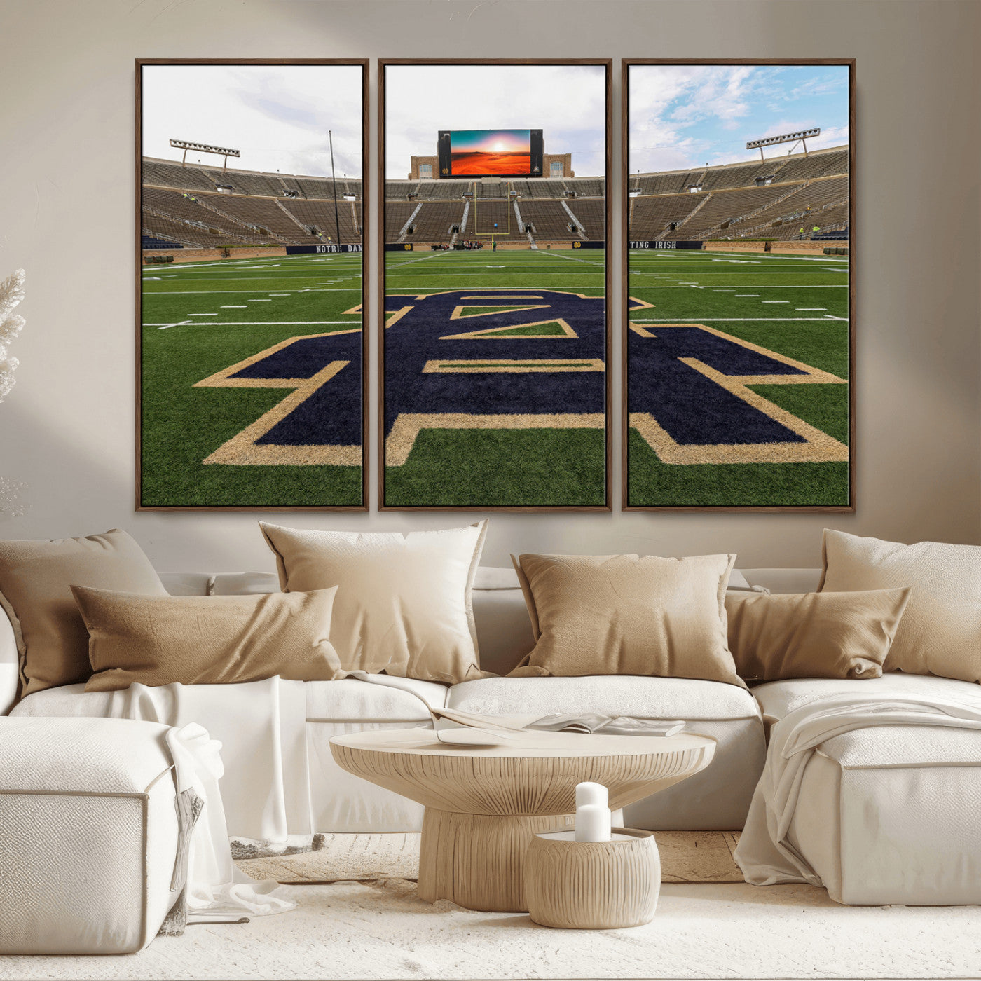 MGV-FC-48X32-3P - Notre Dame Stadium Giclee Canvas Print | Triptych Wall Art Featuring Iconic Notre Dame Football Field | Ready-to-Hang Sports Stadium Decor