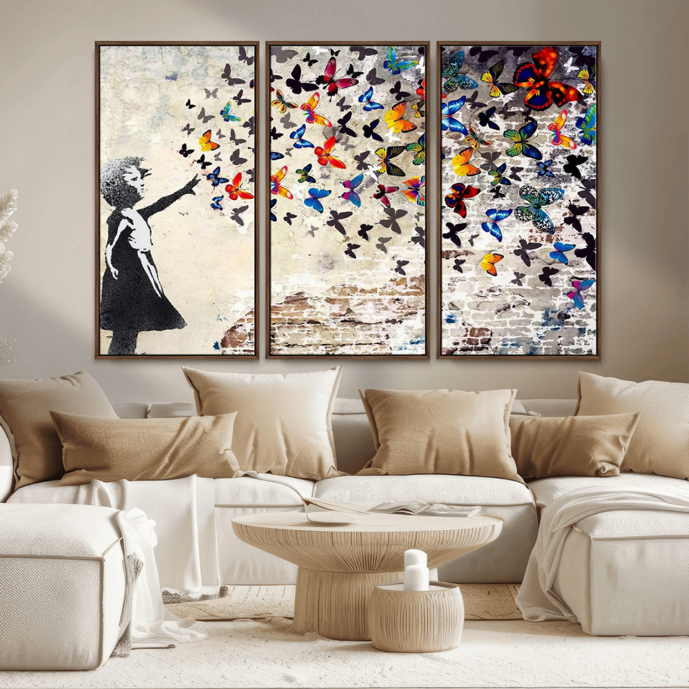 MGV-FC-48X32-3P - Banksy Graffiti Wall Art Canvas Print: Girl Releasing Vibrant Butterflies – Ready to Hang