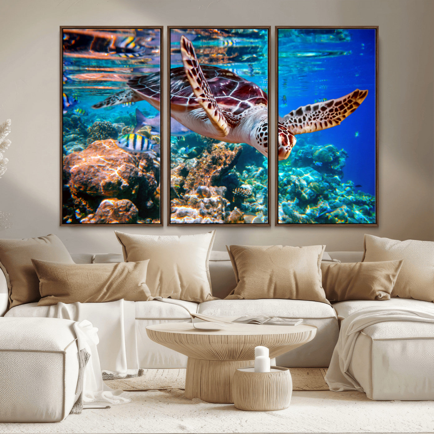 MGV-FC-48X32-3P - Underwater Coral Reef Sea Turtle Wall Art Canvas Print, Vibrant Marine Life | Colorful Ocean Scene