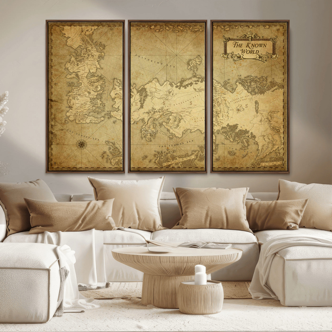 MGV-FC-48X32-3P - Vintage Game of Thrones Map Wall Art | Westeros and Essos Antique Style Print | The Known World in Triptych Canvas | Giclee Canvas for Fantasy Lovers