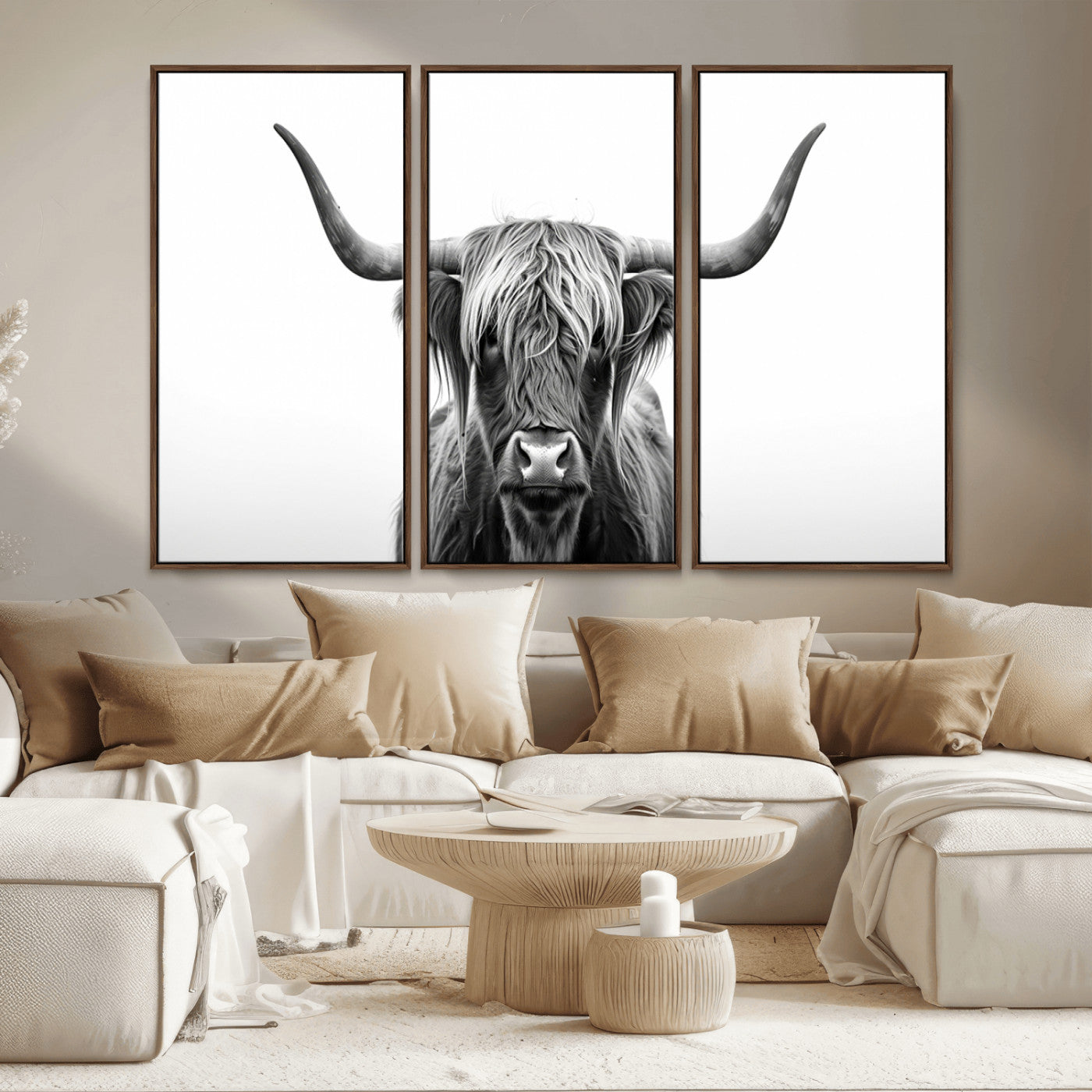 MGV-FC-48X32-3P - Highland Wall Art Canvas Print – Minimalist Black and White Farmhouse Décor, Ready to Hang