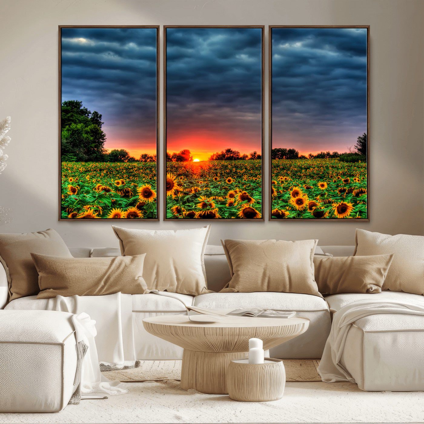 MGV-FC-48X32-3P - Golden Sunflower Field at Sunset – Breathtaking Sky and Vibrant Flowers, Ready to Hang Wall Art