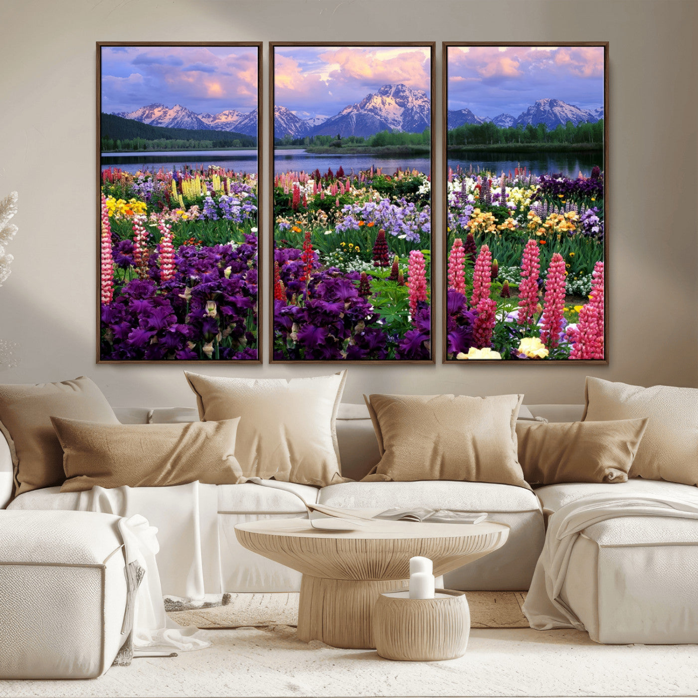 MGV-FC-48X32-3P - Vibrant Wildflower Garden and Mountain View Giclee Canvas Print | Floral Wall Art for Living Room
