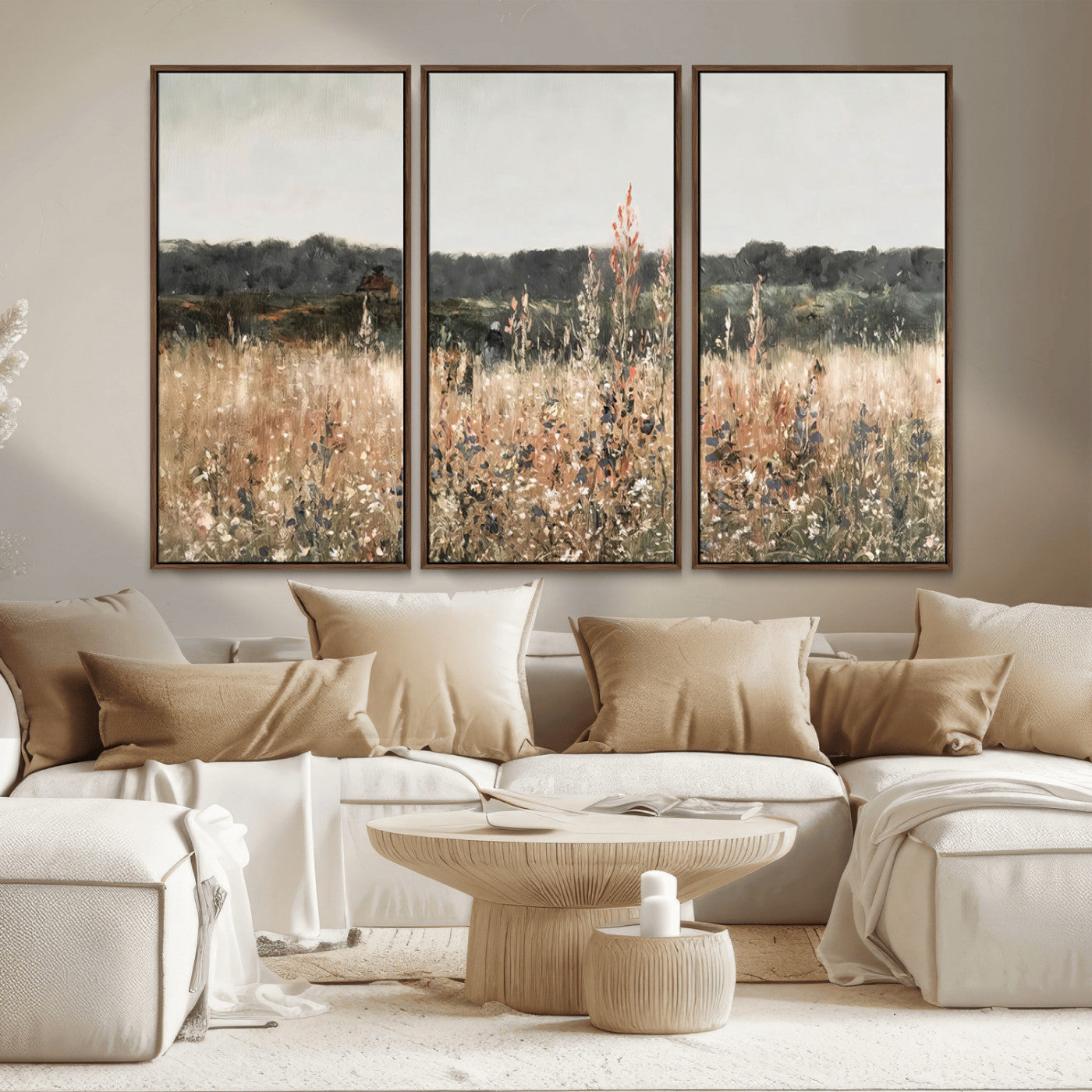MGV-FC-48X32-3P - Rustic Field Landscape Wall Art Print, Giclee Canvas Wall Art for Modern Homes, Warm Meadow and