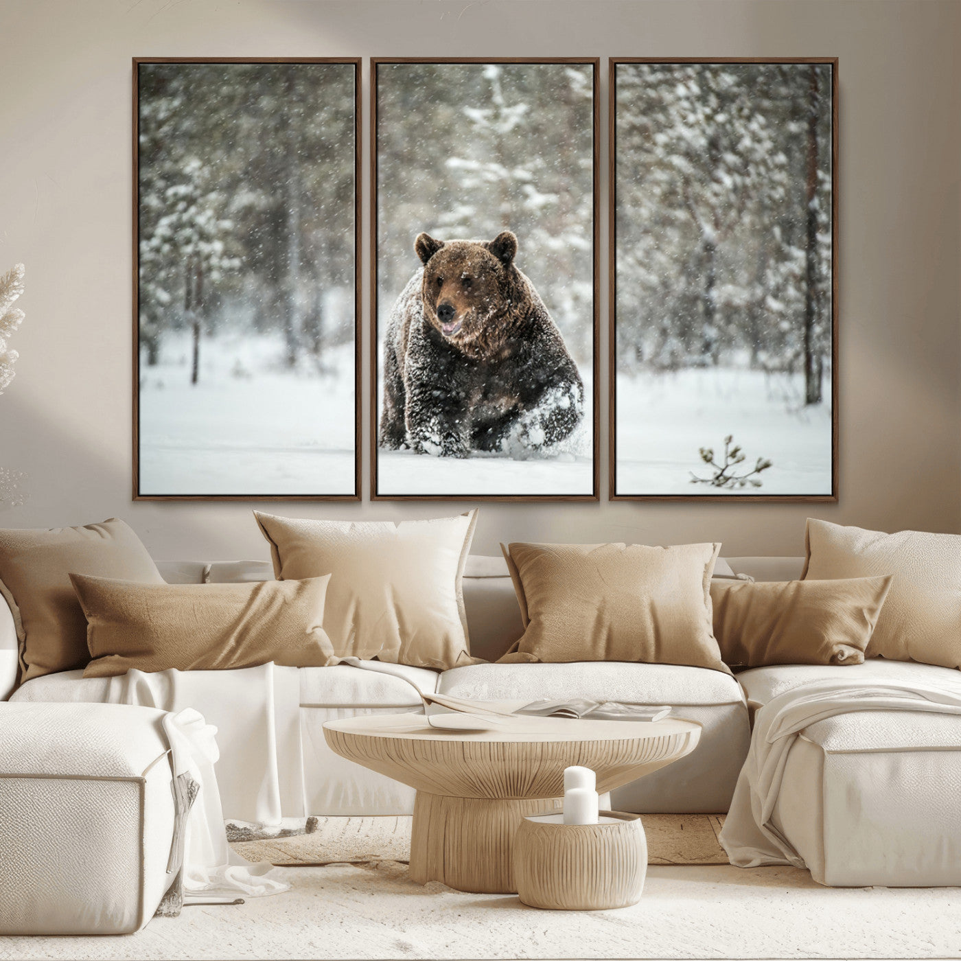 MGV-FC-48X32-3P - Wall Art Canvas Print – Grizzly Bear in Snowy Forest Powerful Presence Snowy Wilderness Wild Beauty