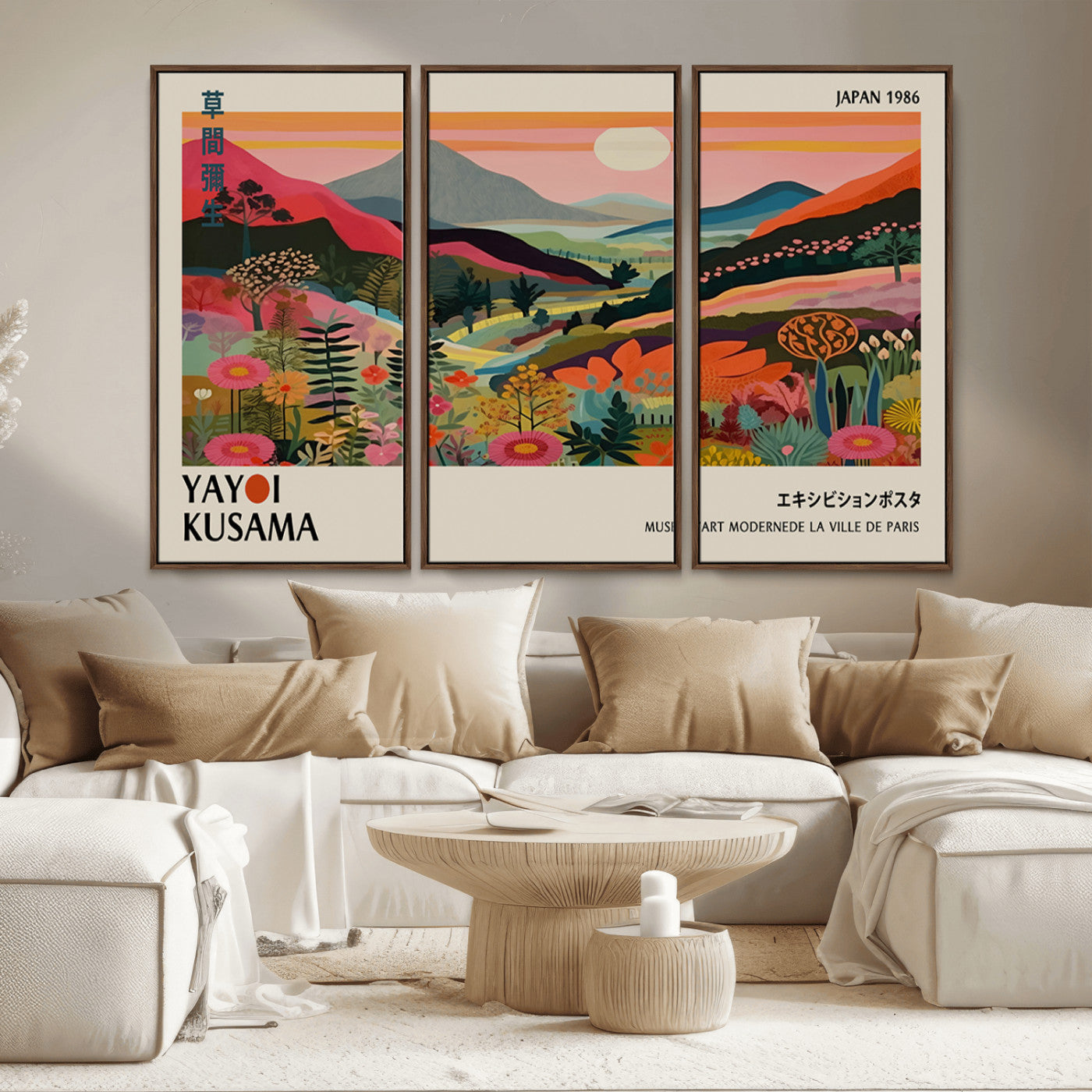 MGV-FC-48X32-3P - Yayoi Kusama Landscape Canvas Print, Vibrant Floral Mountain Art Print, Botanical Flower Nature